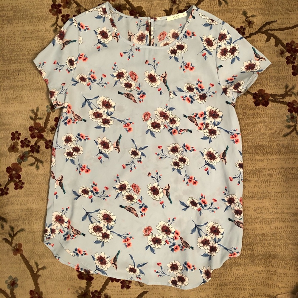 Le Lis M Blue Bird Print Top Blouse Shirt Sweet